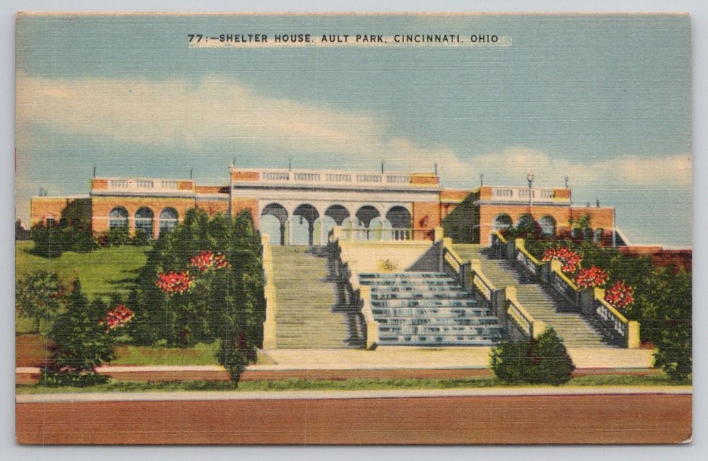 Vintage Linen Postcard - Ault Park Shelter House Fountain Cincinnati Ohio