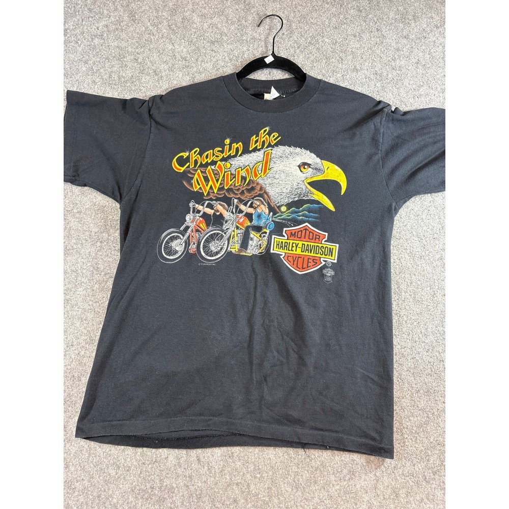 VINTAGE 80s Chasin The Wind Harley Davidson Shirt Mens Black Graphic Tee USA XL