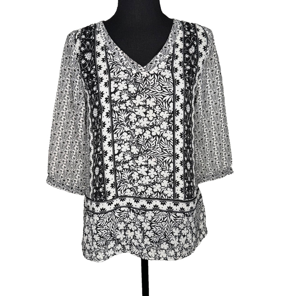 Old Navy Black White Floral Print Tunic Top Size XS 3/4 Sleeve Blouse Career