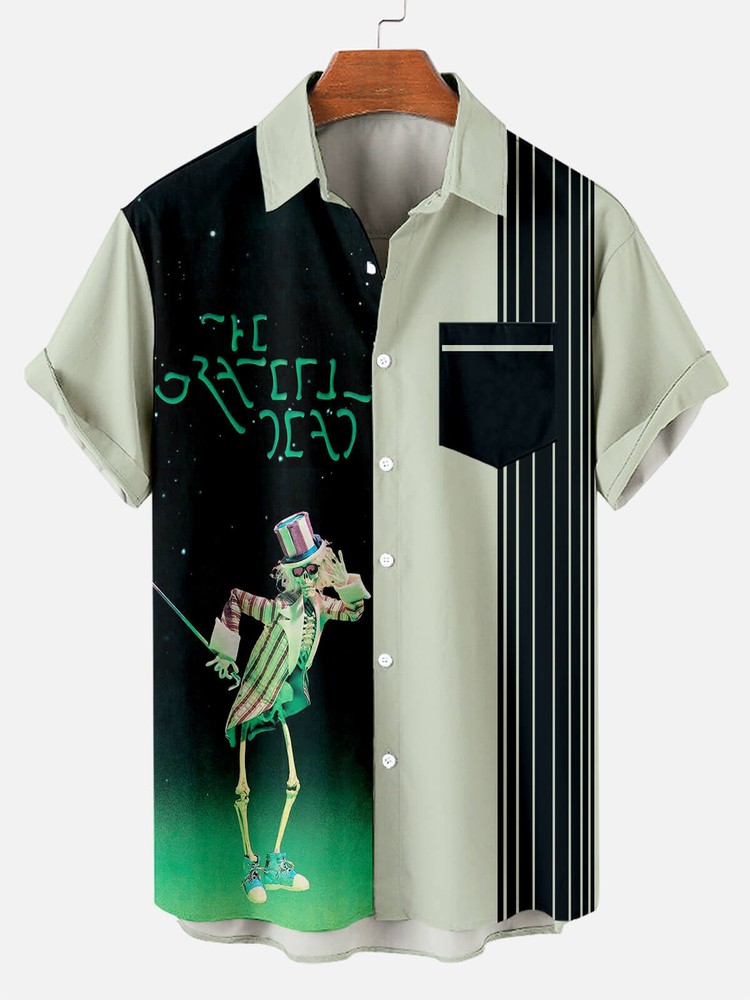 Striped Skull Print Short Sleeve Hawaiian Shirt for Men – Available in US Sizes