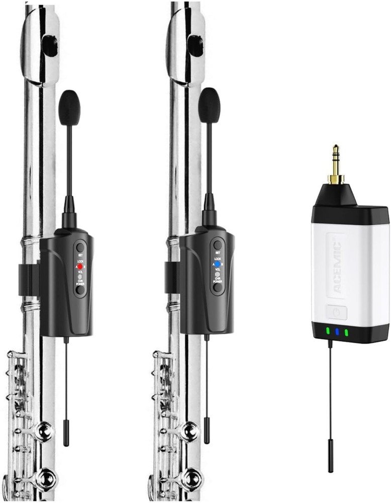 Dual UHF Flute Wireless Instrument Microphone Wireless Tie-on Mic for Flute, 1 R