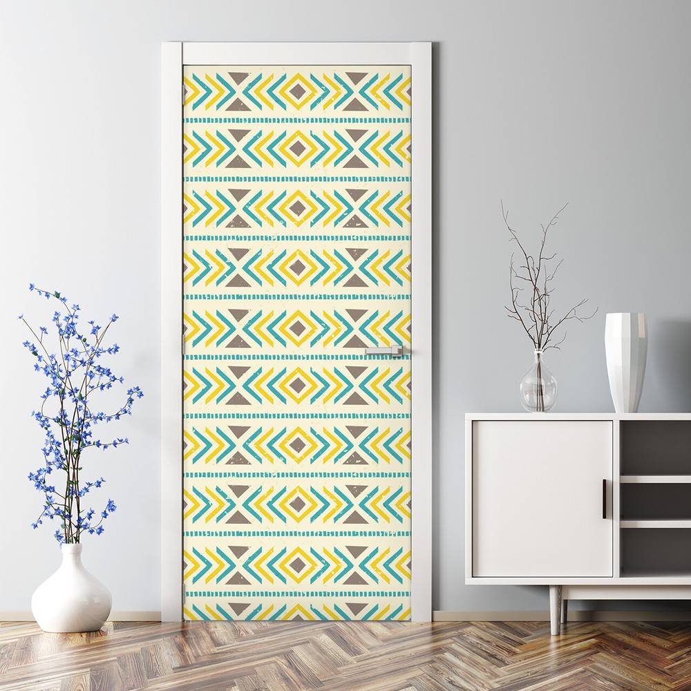 Geometric boho Bubble Free Door sticker brown and yellow Decal Decor wall art