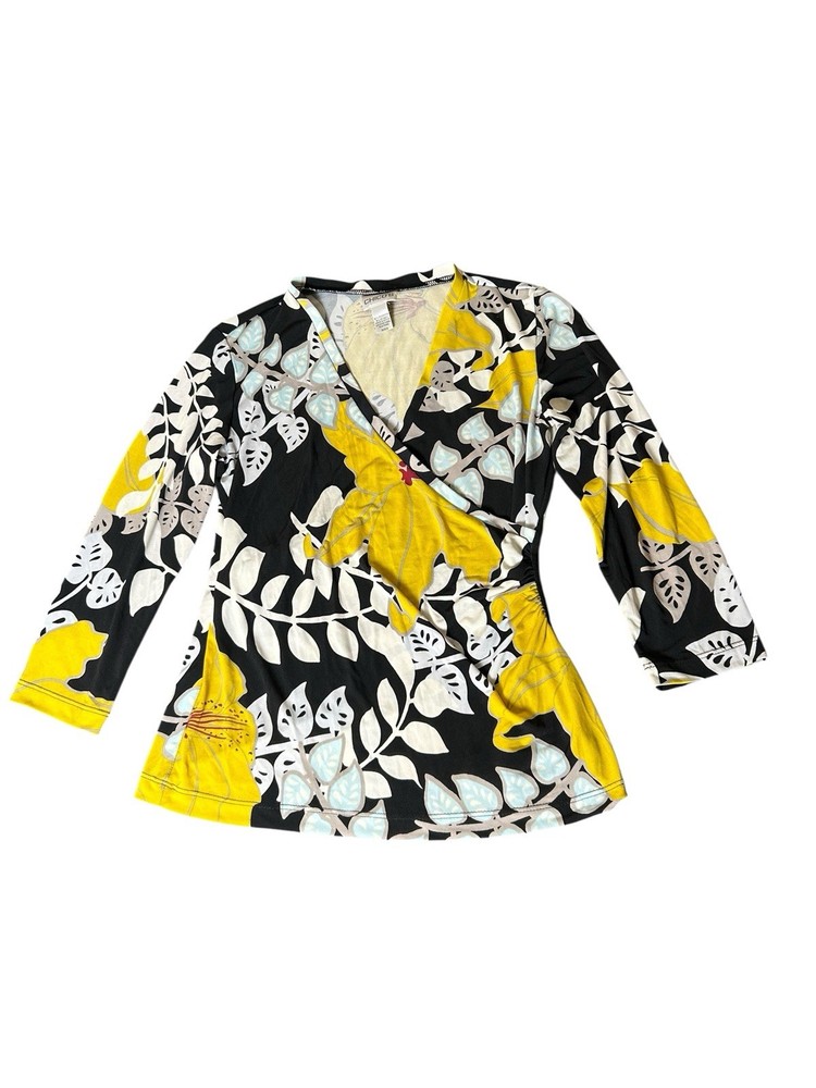 Chico’s Faux Wrap Tropical Floral Top Blouse Size 0 Yellow 3/4 Sleeve V-neck