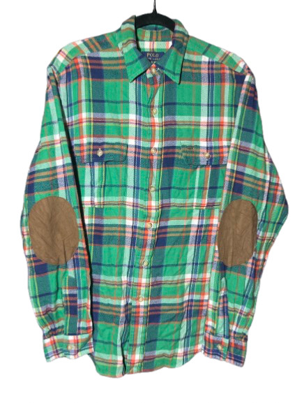 Polo Ralph Lauren, Men's Ranch Plaid button down shirt, suede elbow, Green, Sz L