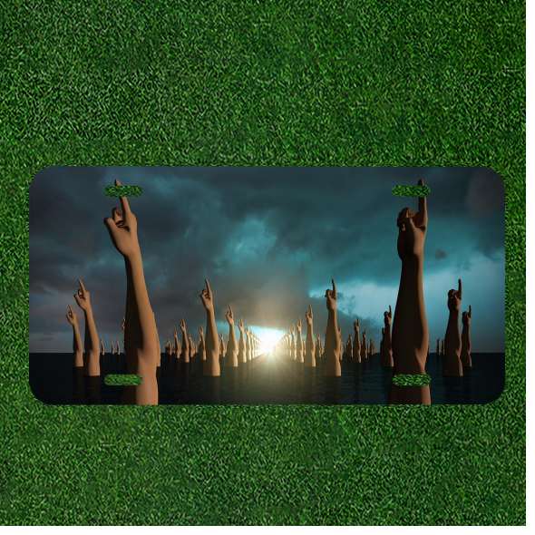 Custom Personalized License Plate Tag With Hands Pointing To Sky Out Of Water