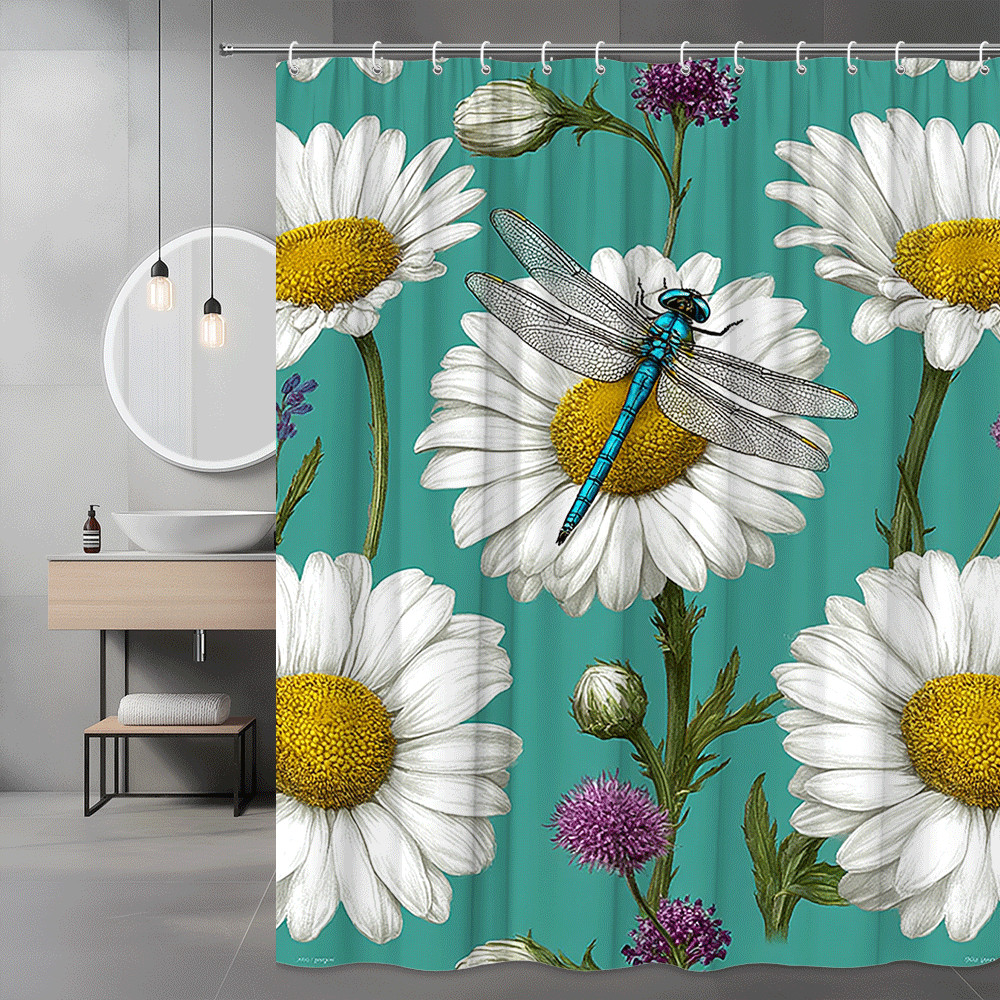 Daisy Dragonfly Shower Curtain Floral Print Teal Background