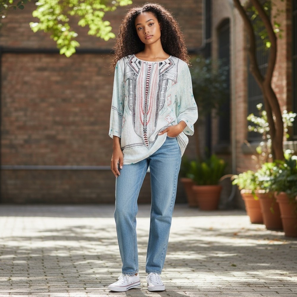 Tribal Jeans Tunic Top Womens MED 3/4 Roll Tab Sleeve Split V Neck Lightweight