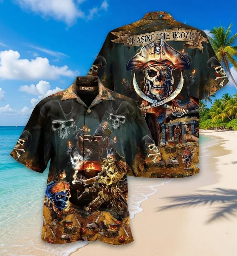 Pirate Skull Hawaii Shirt Men's Beach Vacation Aloha Tropical