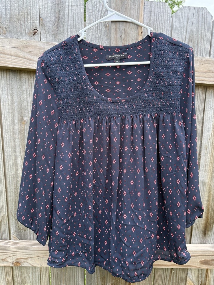 Banana Republic Women's M Navy/Pink Geometric Smocked Scoop Neck 3/4 Sleeve