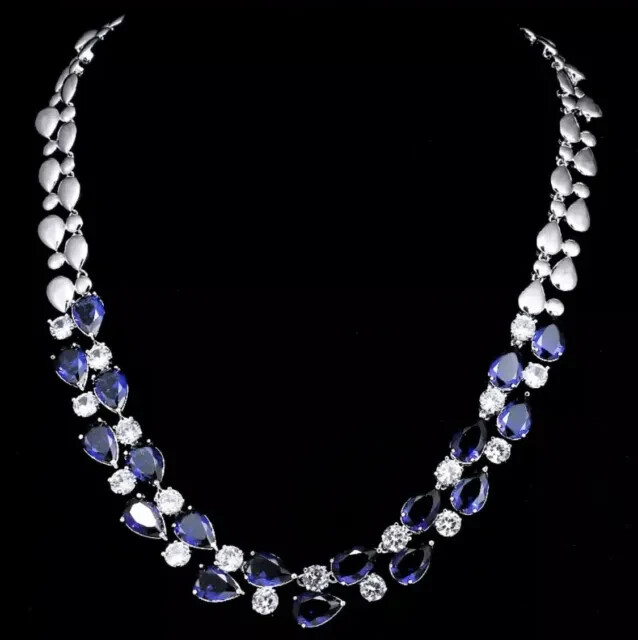 18k White Gold Plated Lab-Created Blue Sapphire Tennis Necklace 16 Inch