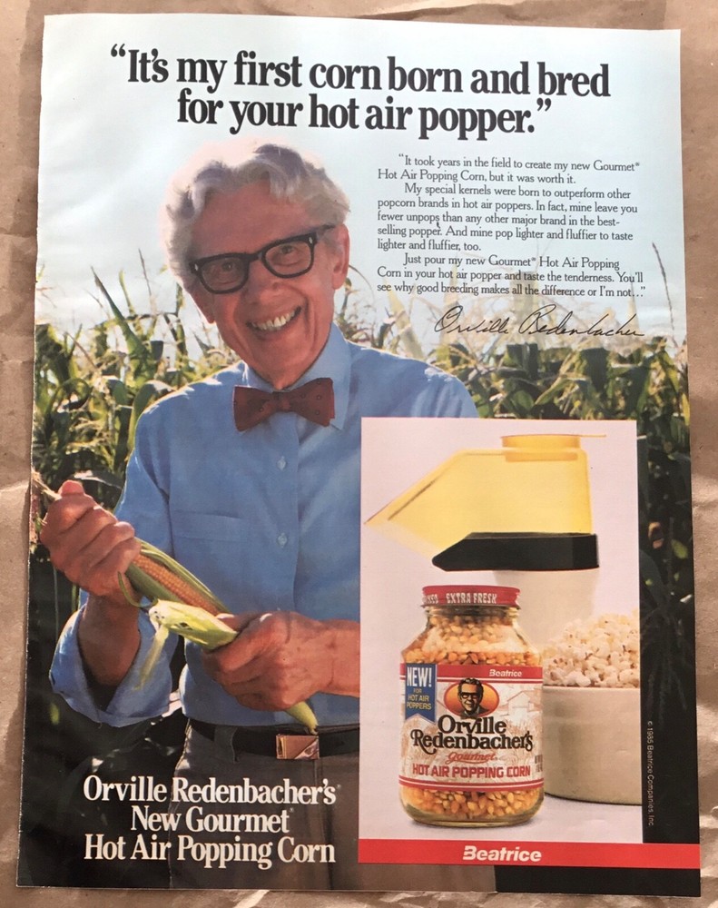 Orville Redenbacher popcorn 1985 print ad art promo 1980s retro spokesman field