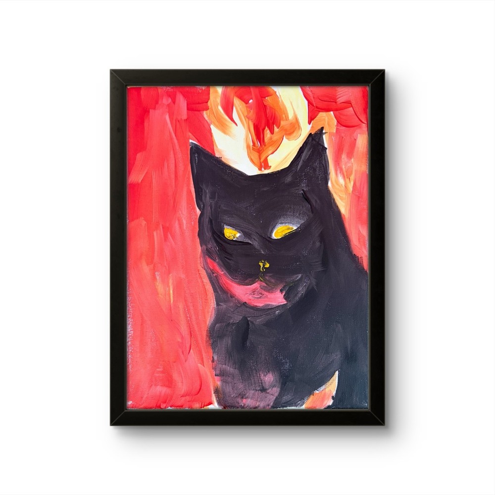Intense Black Cat with Fiery Red Background - Bold Abstract Canvas Art 14x11-image