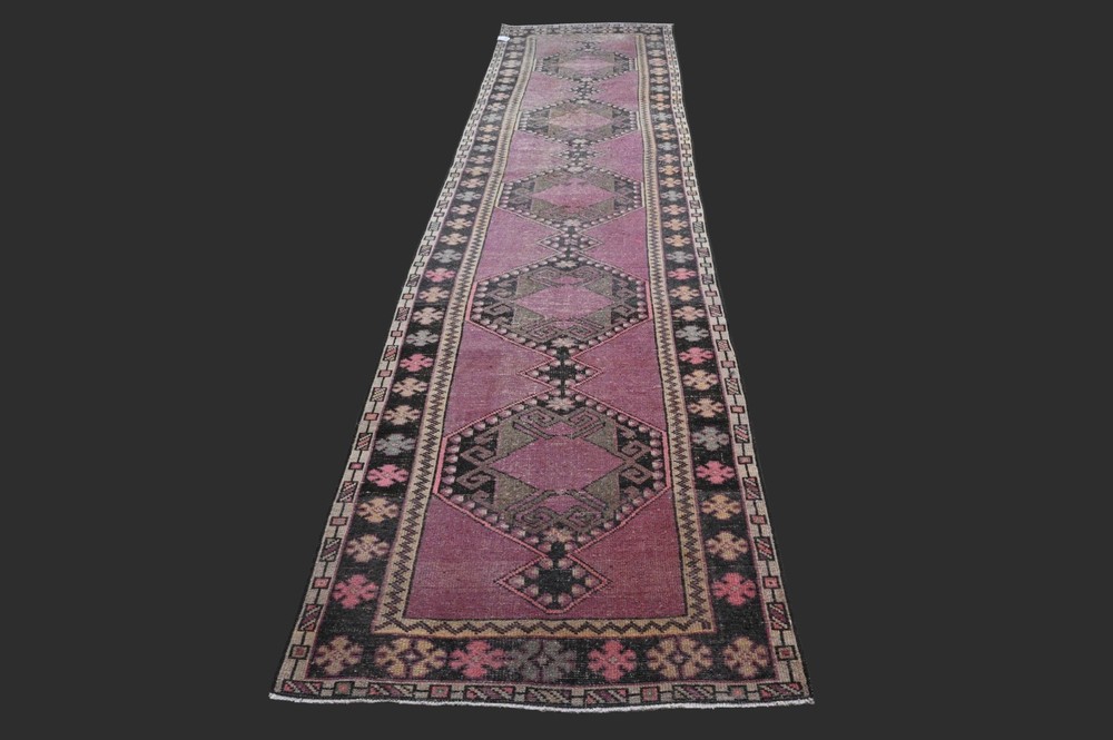 Vintage 3x14 Turkish Oushak Runner Rug Handmade Anatolian Boho Kilim PURPLE