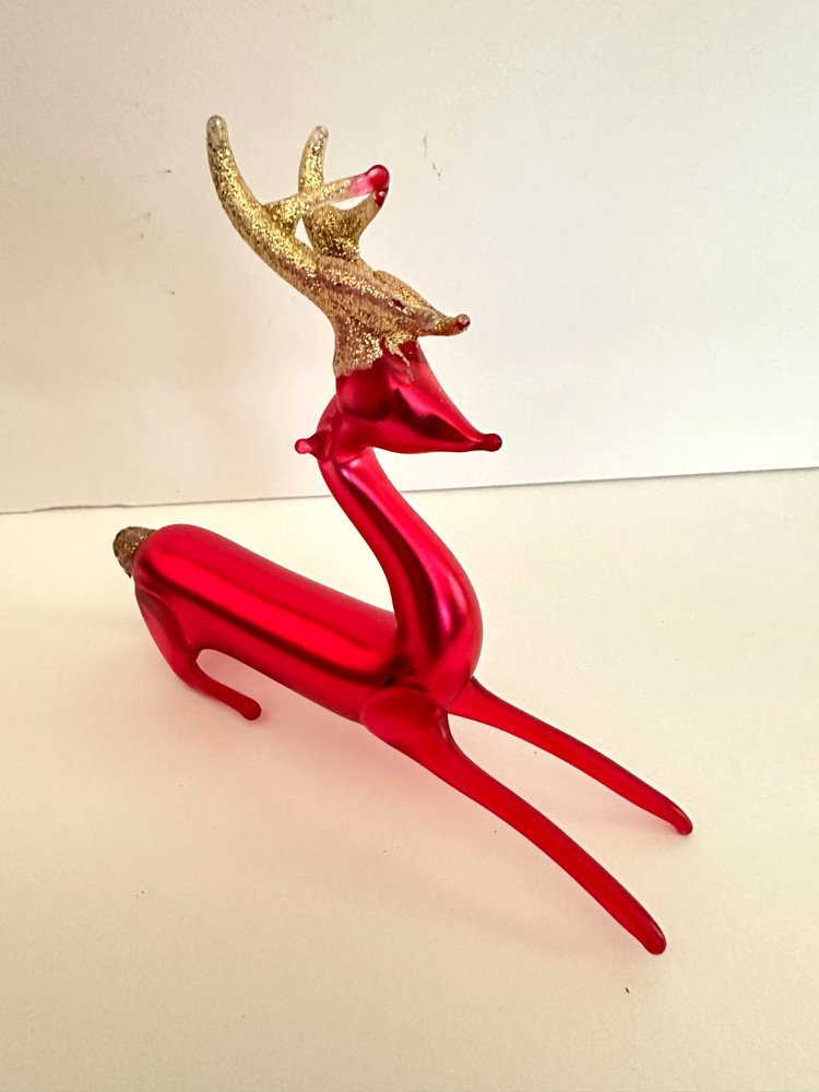 Vintage Glass Red Reindeer Christmas Tree Ornament Hand Blown Annealed