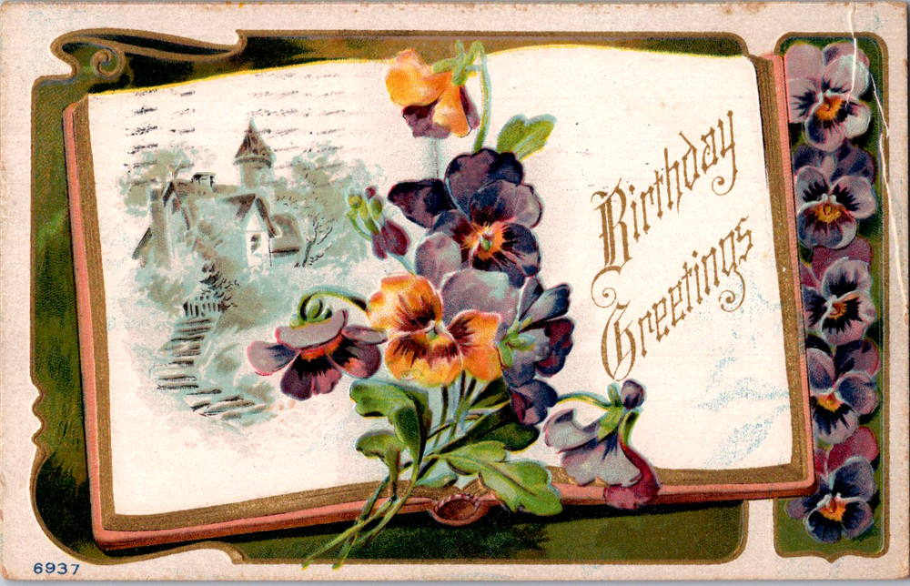 Vintage Postcard Open Book Pansy Flowers Birthday Greetings
