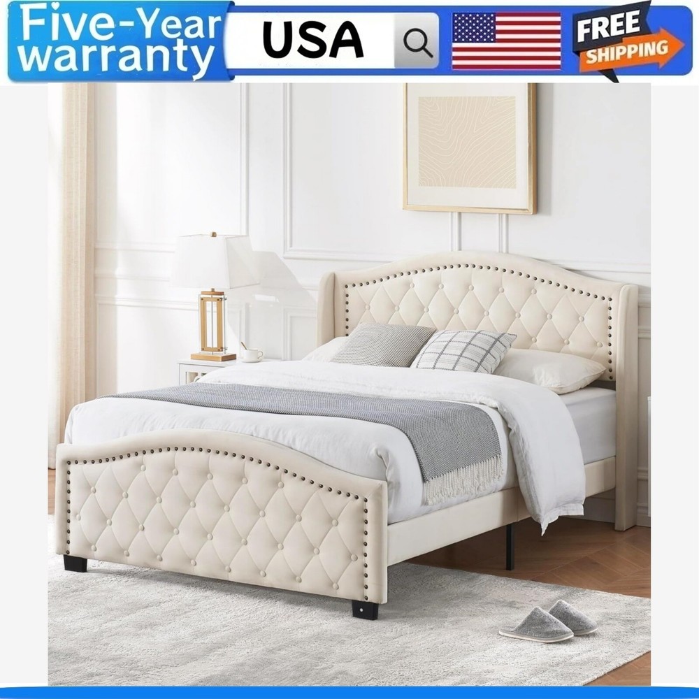 Queen Size Bed Frame with Button Tufted Headboard Velvet Upholstered Wooden Slat