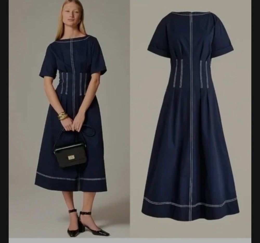 J. Crew Pintuck Cotton Twill Navy Midi Dress Contrast Stitching 8/10 READ