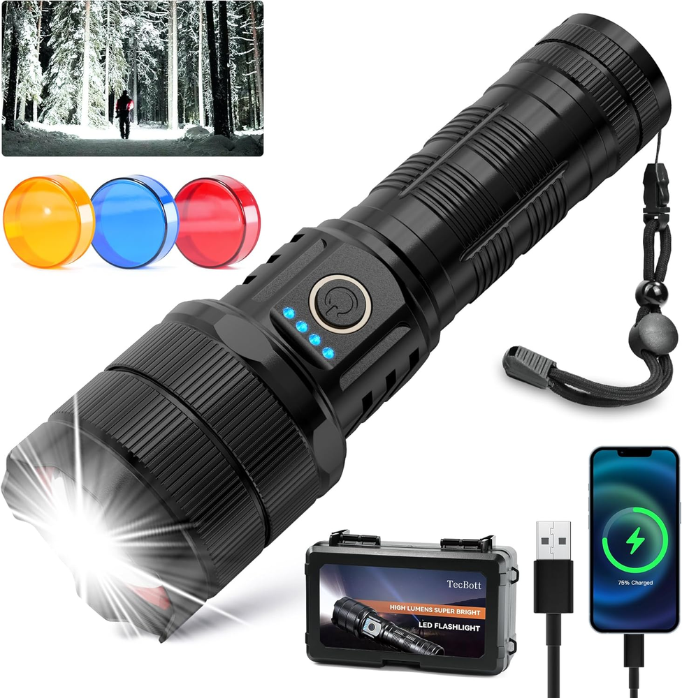 900,000 Lumens Rechargeable LED Flashlight – Super Bright, High-Power, Long-Lasting Portable Light for Camping, Hiking, Emergencies, and Outdoor Adventures