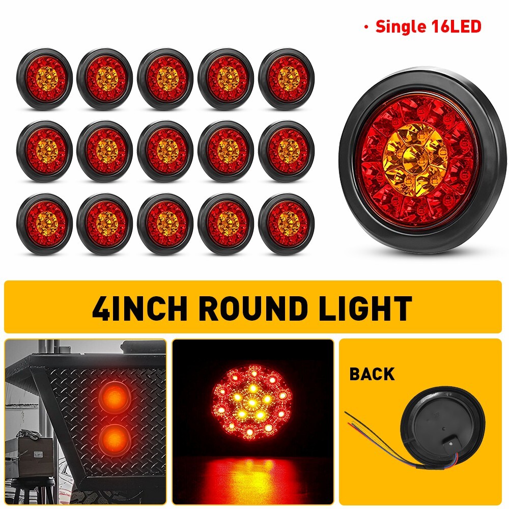8X 4-Inch Round Red White LED Truck Trailer Brake Tail Lights with Turn Signal & DRL