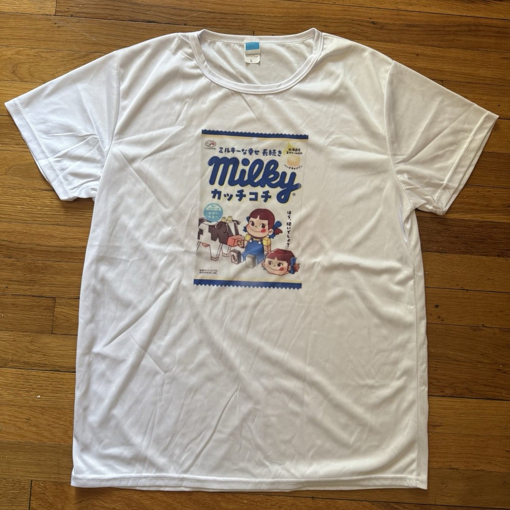 Milky Men's White Graphic Print Peko-chan T-Shirt L Crew Neck Short Sleeve