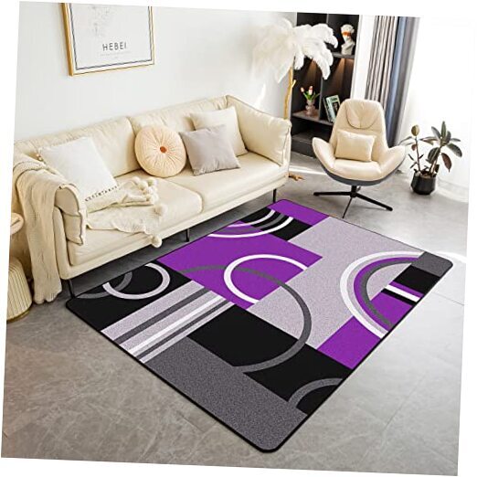 Modern Abstract Stripes Swirls Area Rug in Purple White Multi 5x6.6 Feet-image