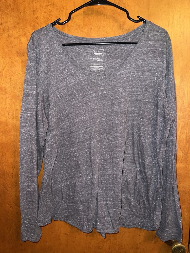 Sonoma Women's XL Gray Heathered V-Neck Long Sleeve Pullover Knit T-Shirt