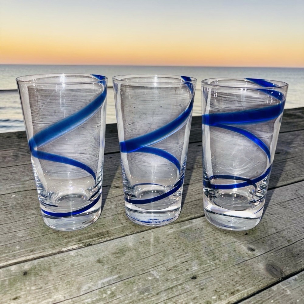 Pier 1 Swirline Set of 3 Cobalt Highball Glasses 6 3/8