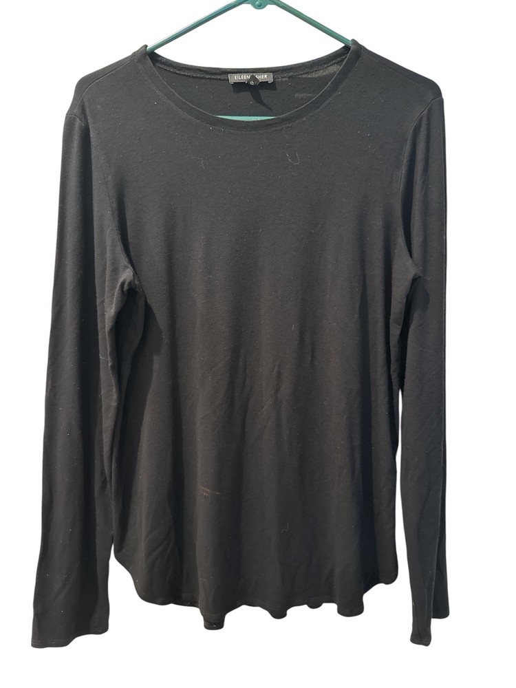 Eileen Fisher Size Medium Scoop Neck Long Sleeve Tee Top Black Stretch Casual