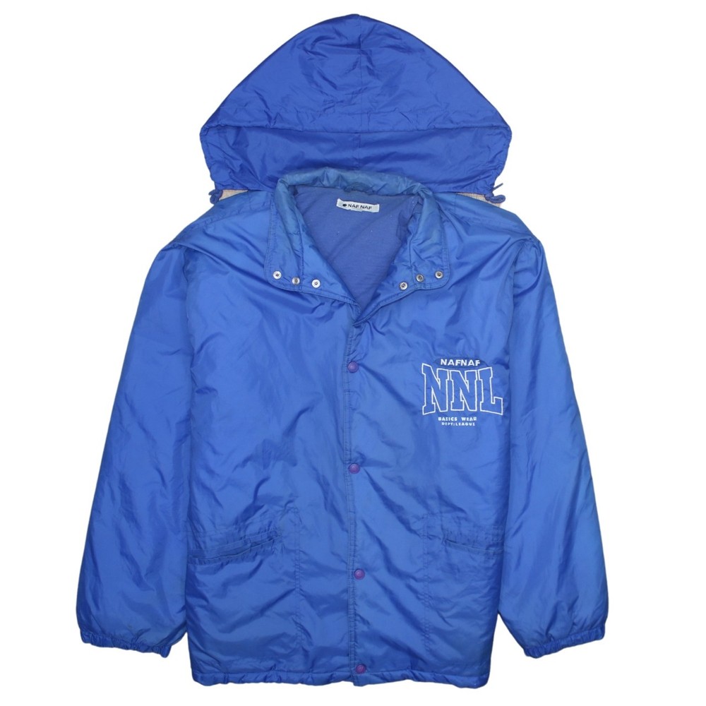 Naf Naf Mens Windbreaker Jacket Blue Hooded Full Zip NNL Logo Pockets 90s L