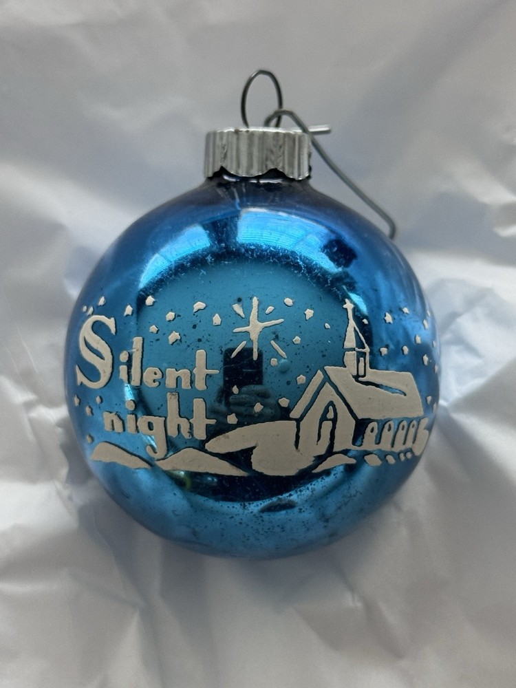Vintage Shiny Brite Stenciled Silent Night Blue Mercury Glass Ornament 2.5” GORG