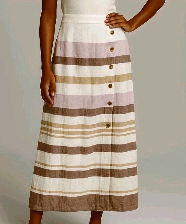Rachel Zoe Skirt Womens Medium Beige Striped 100% Linen Maxi Side Buttons