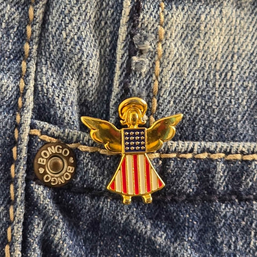 Vintage Patriotic Angel USA Enamel Pin Gold Tone Red White Blue Americana Brooch
