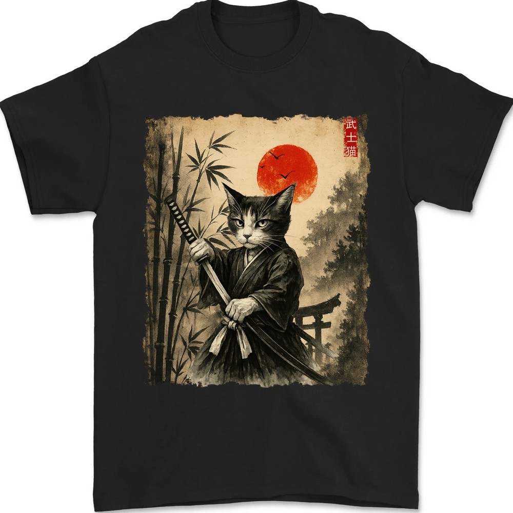 Cat Japanese Art Men Boys Funny Graphic Tee Anime Unisex T-Shirt