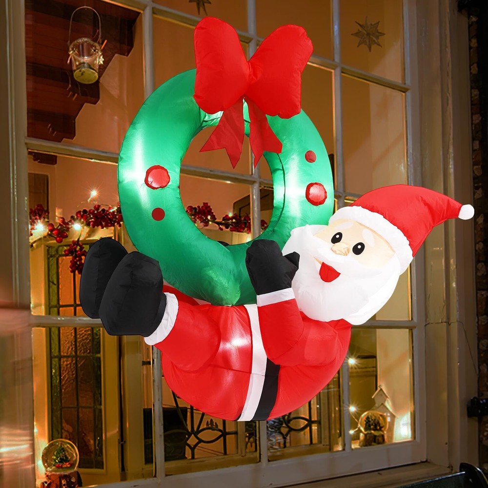 4 FT Hanging Christmas Inflatables Santa, Biupky Christmas Wreaths with Light...