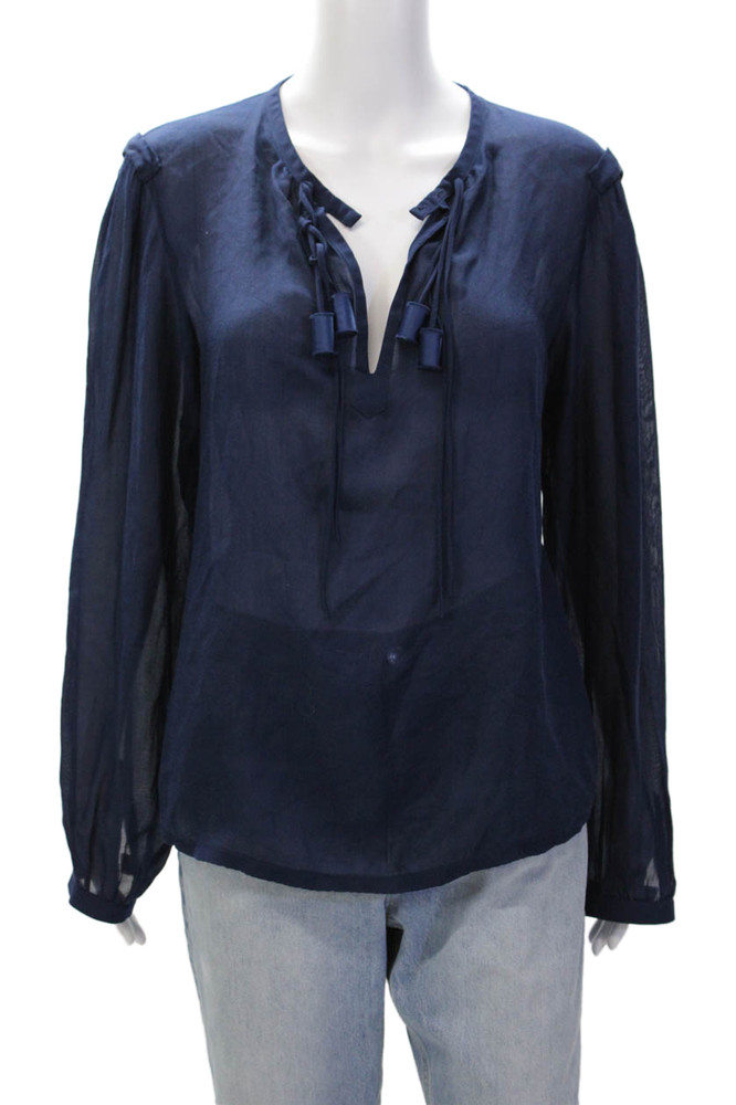 Diane Von Furstenberg Womens Silk Tassel Detail Blouse Dark Blue Size 12Free Shipping in US $100+ Orders | $6.95 Orders Below