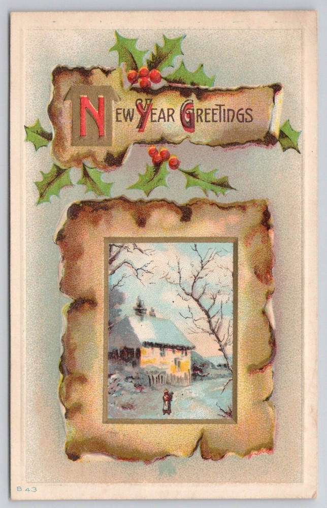 1912 Embossed New Year Greetings Postcard - Winter Home Scene, Holly