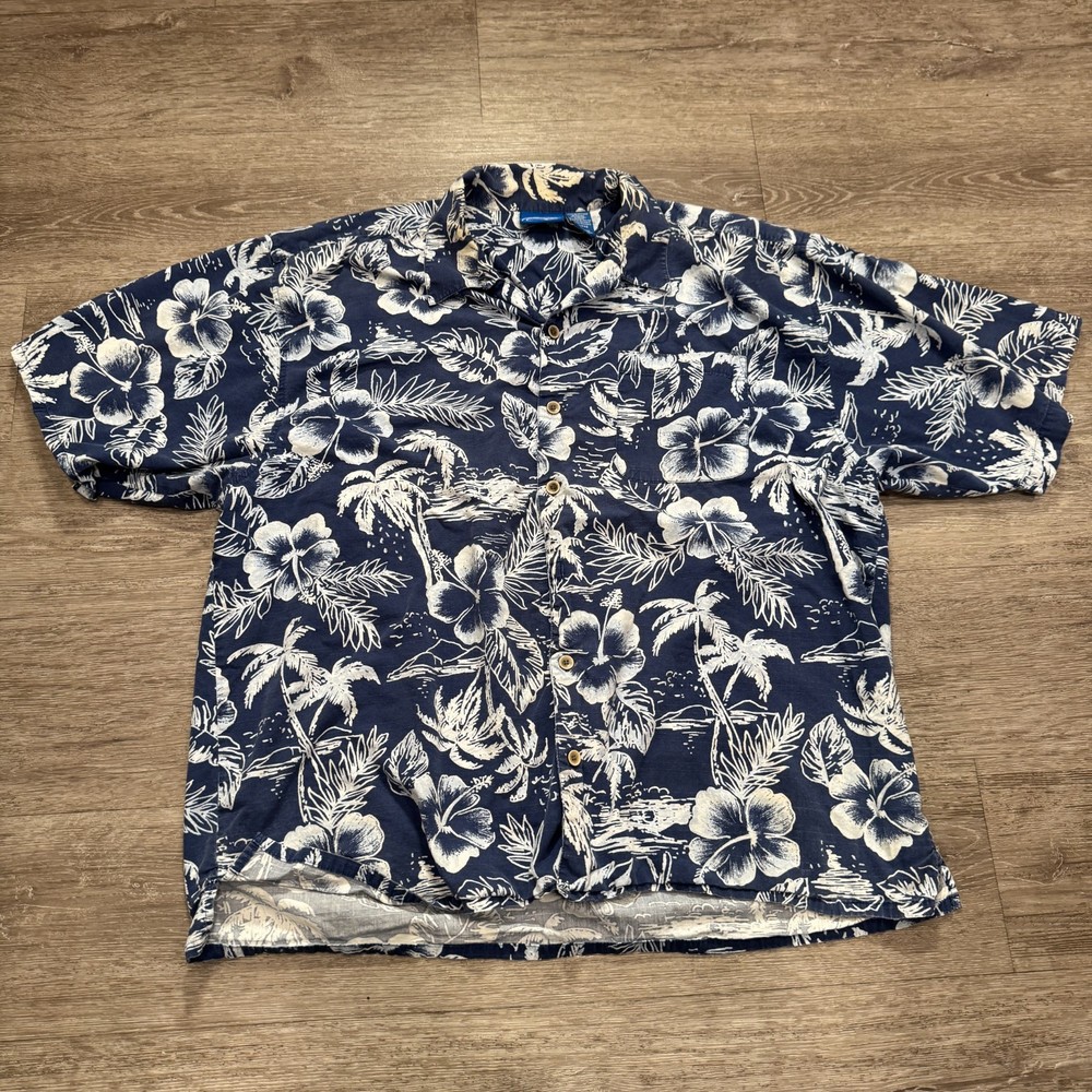 Vintage Op Ocean Pacific Shirt Mens XXL Blue Hawaiian Floral Button Up Cotton