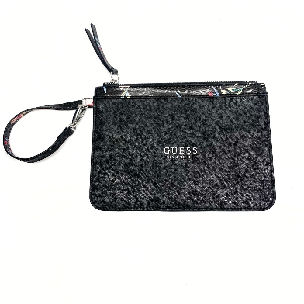 GUESS Los Angeles Black Logo Print Large Zip Wristlet Wallet Clutch Bag
