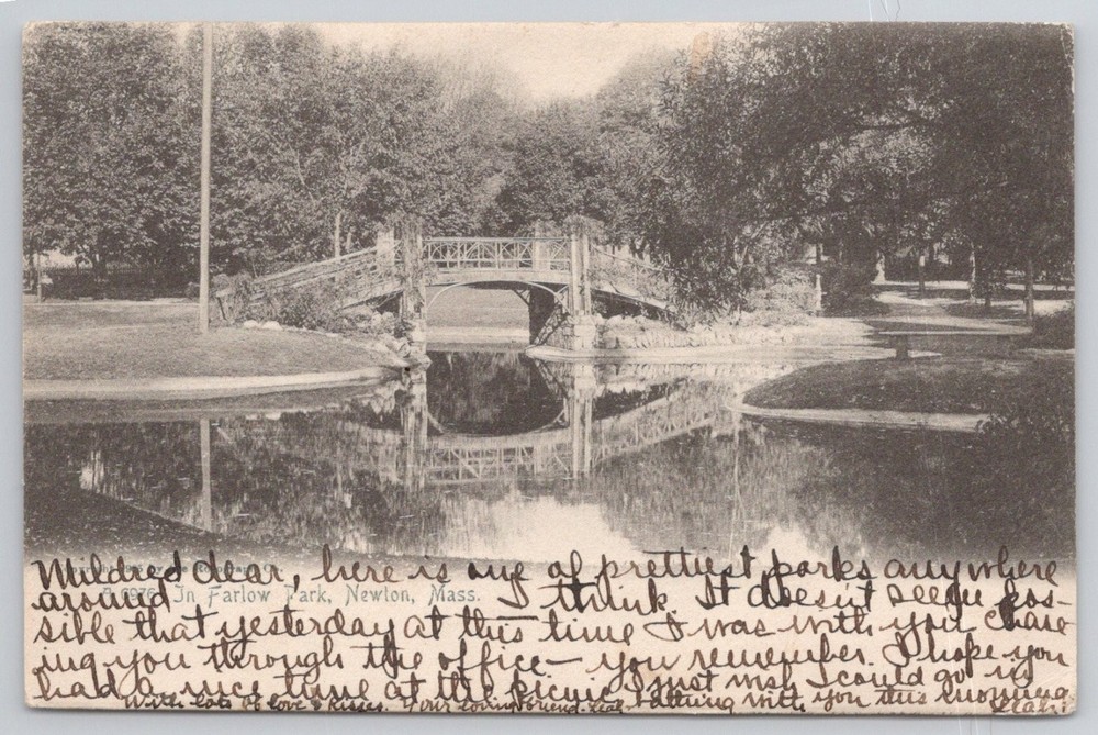 Farlow Park Newton MA Antique Postcard 1905 Rotograph Bridge Pond Massachusetts