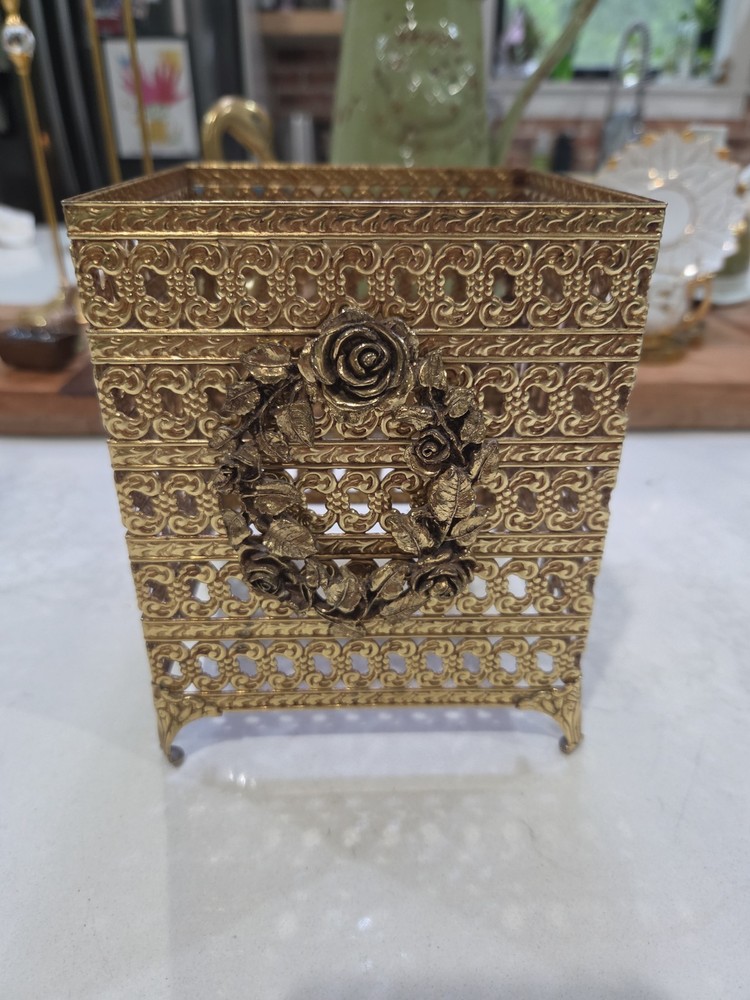 Vintage Hollywood Regency Tissue Box Holder Rose Metal Gold Tone Filigree