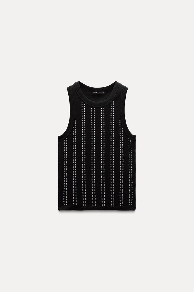 Zara White Sleeveless Top with Rhinestone , Size M