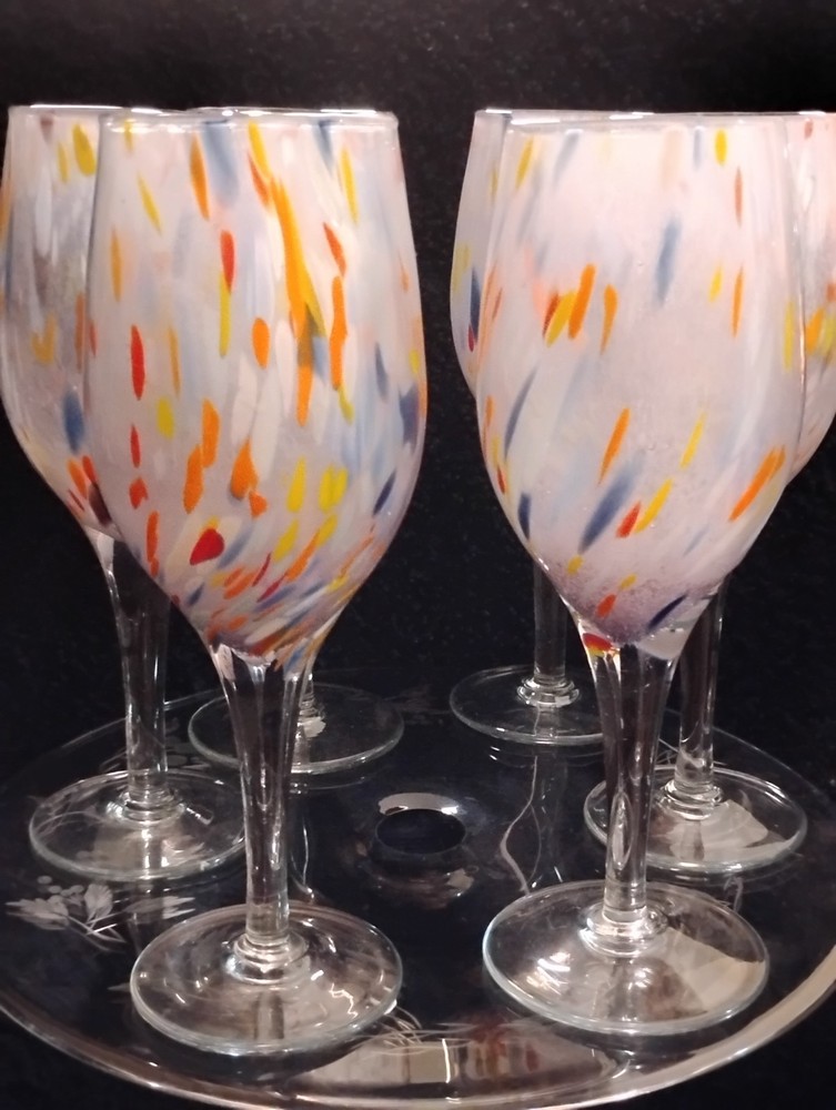Murano Hand Blown Confetti Wine Glasses Set Of 6 Multi Color Wine Glasses