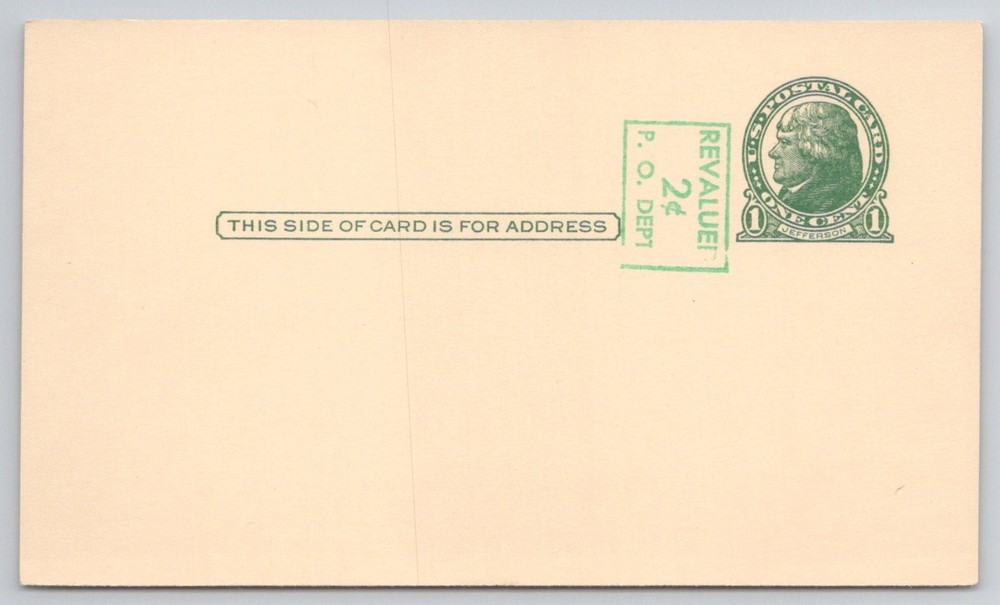US Postal Card REVALUE 2¢ P. O. DEPT 1c Jefferson Blank Front WWI Era
