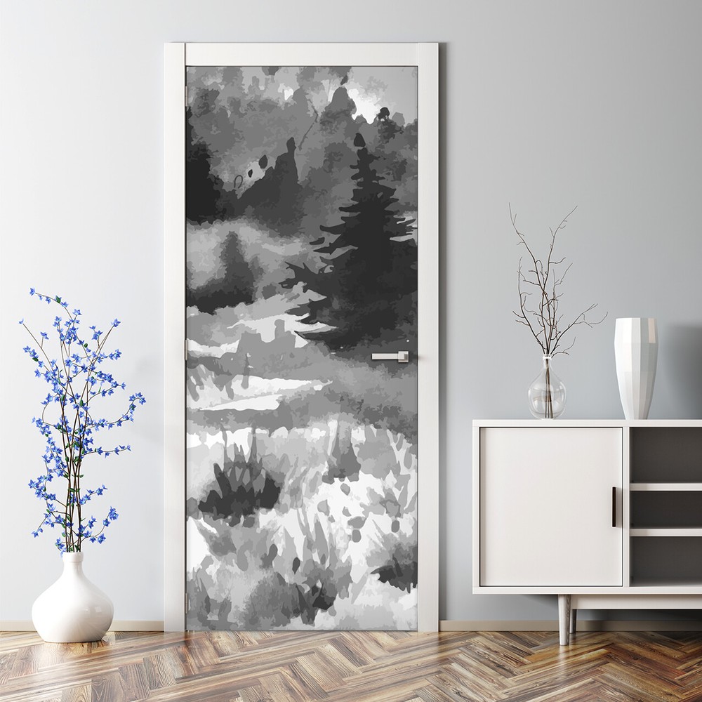 Dark Hand-Drawn Watercolor Forest Decal - Bubble-Free Door Sticker  