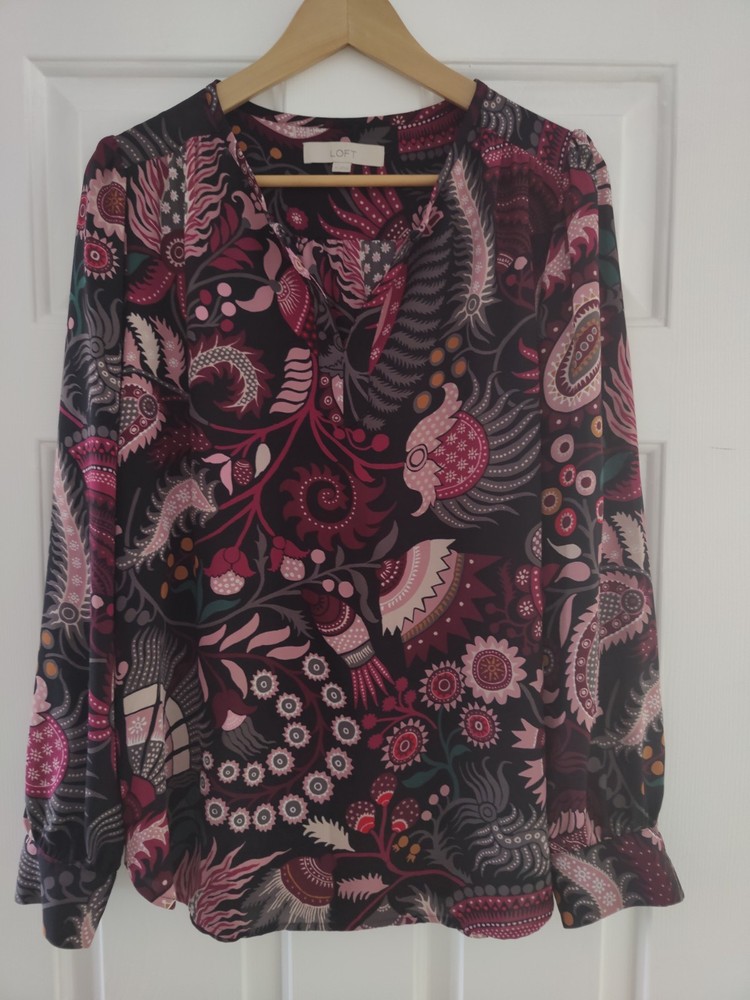 Loft Long Sleeve Floral Blouse  Black Red Pink Size M