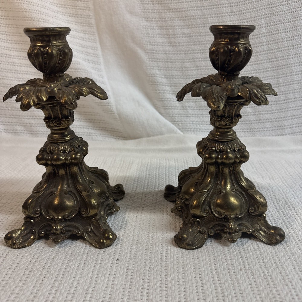 Vtg Set Of Brass Ornate Taper Candlesticks Holder- Hollywood Regency Style Decor