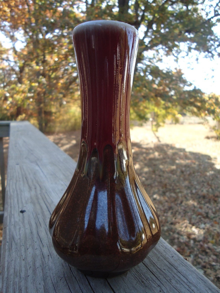 VTG Burgundy Red Brown Drip Glaze Holsey Potteries Ceramic Bud Vase 6.5 in