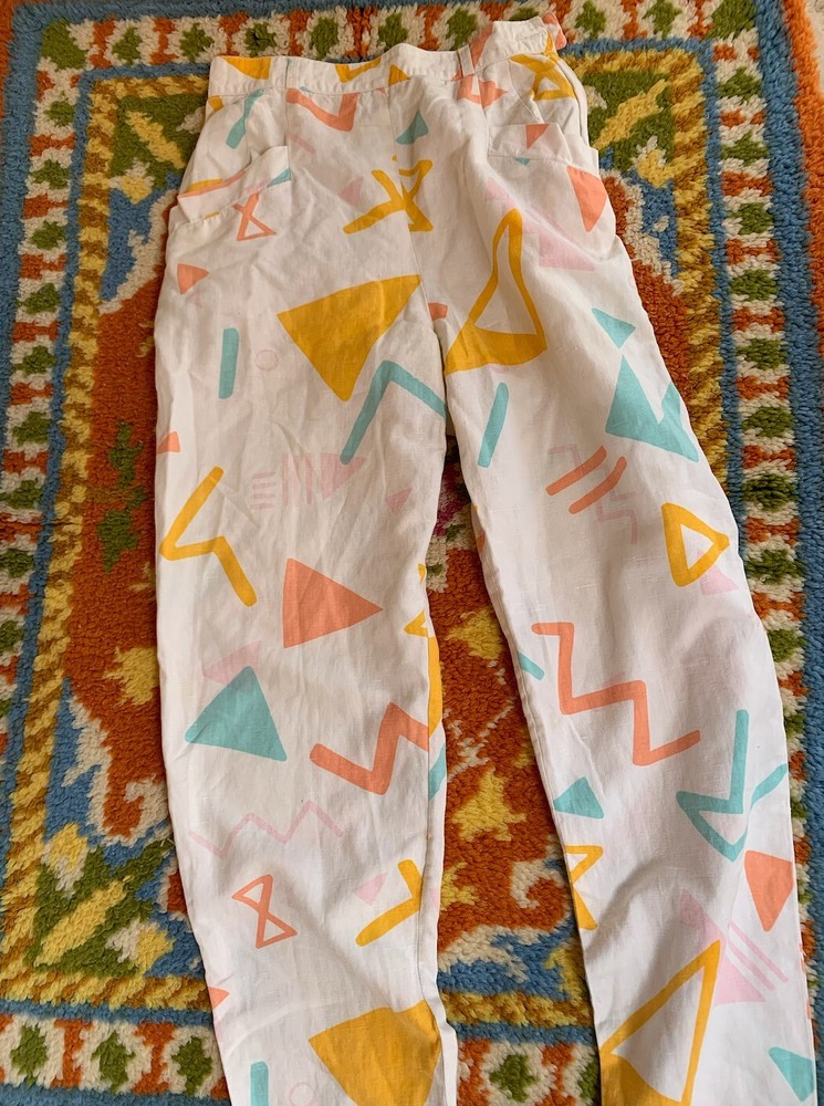 Vintage Cotton Linen High Waist Abstract Geometric Graphic Pants - Size 0-2-image