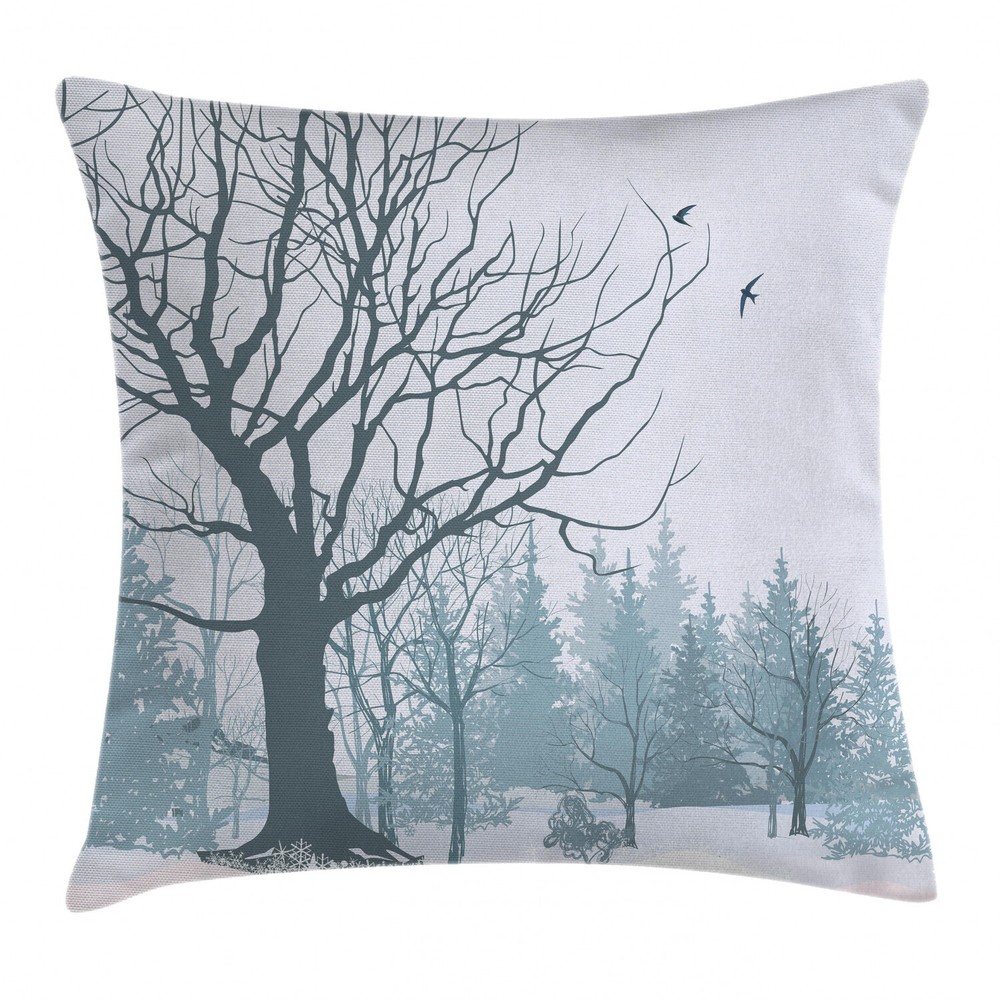 20 Inch Winter Snowy Forest Pillowcase with Trees and Birds Design
