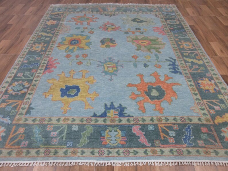 Hand Knotted Oushak Rug Light Blue Colorful Wool Area Rug Turkish Style Carpet